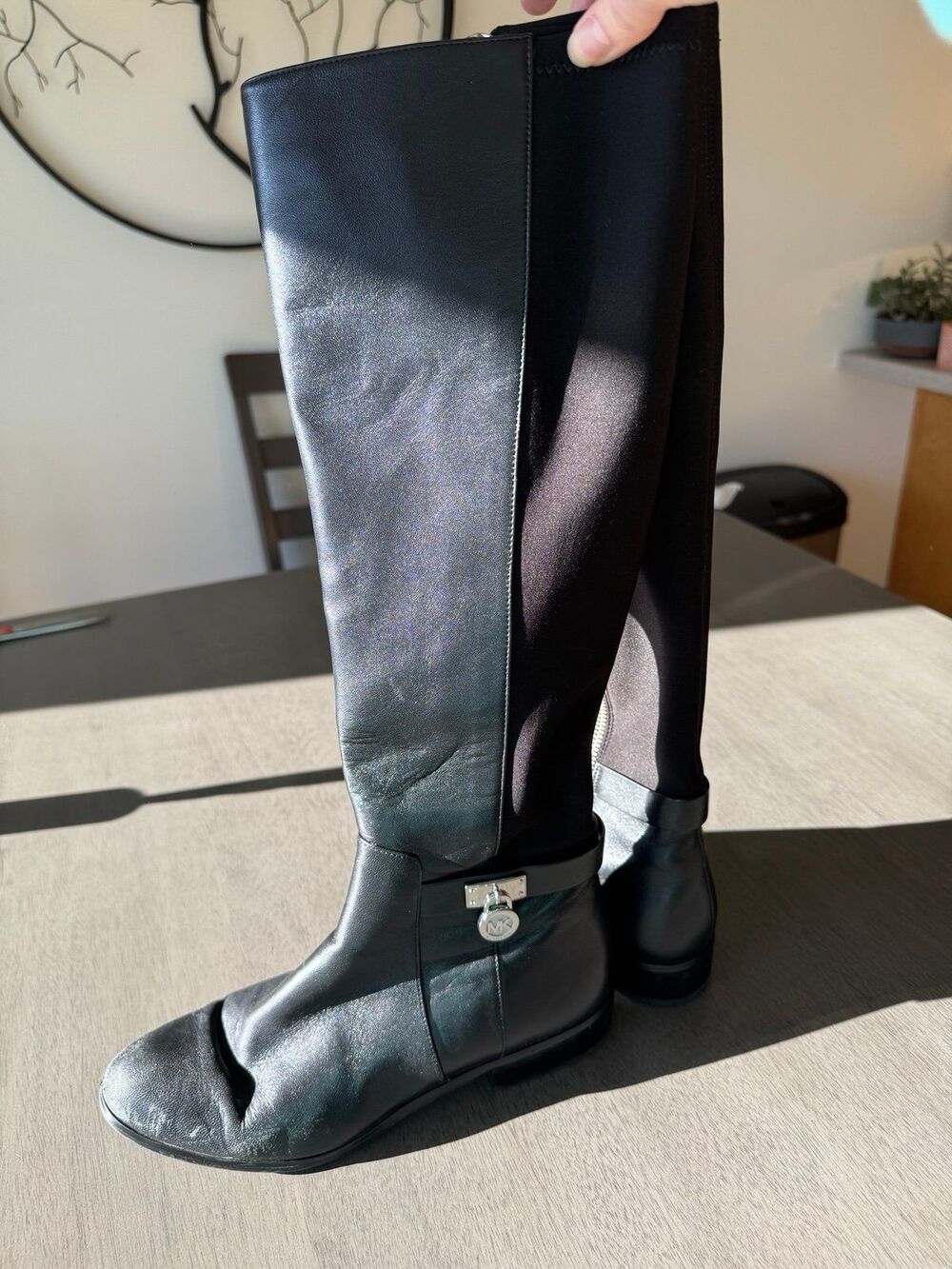 Michael Kors Black Leather Knee High Boots Womens Size 7 Riding Zip Classic